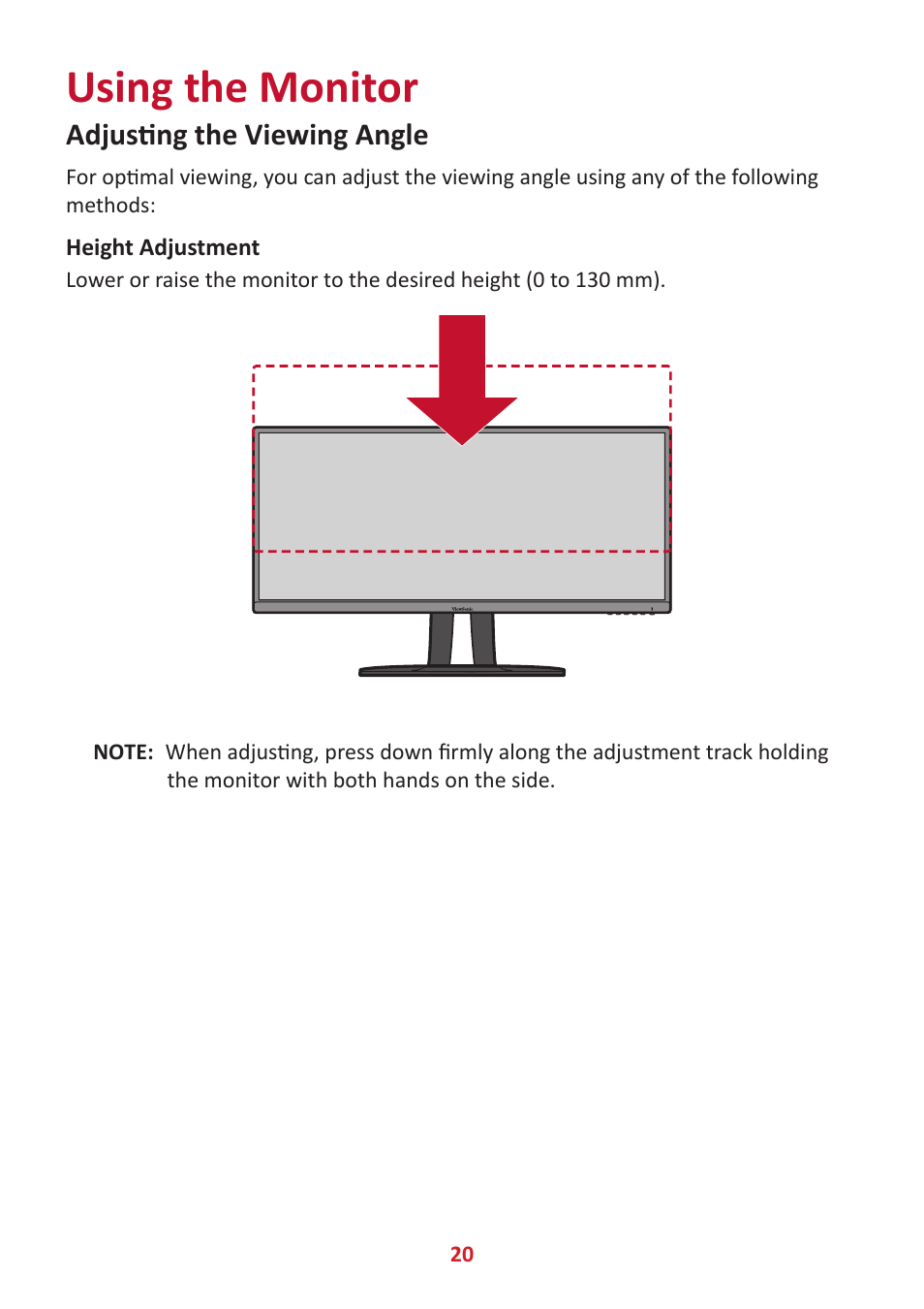 Using the monitor, Adjusting the viewing angle | VIEWSONIC VP3881a 37.5" 21:9 4K Curved IPS Monitor User Manual | Page 20 / 91