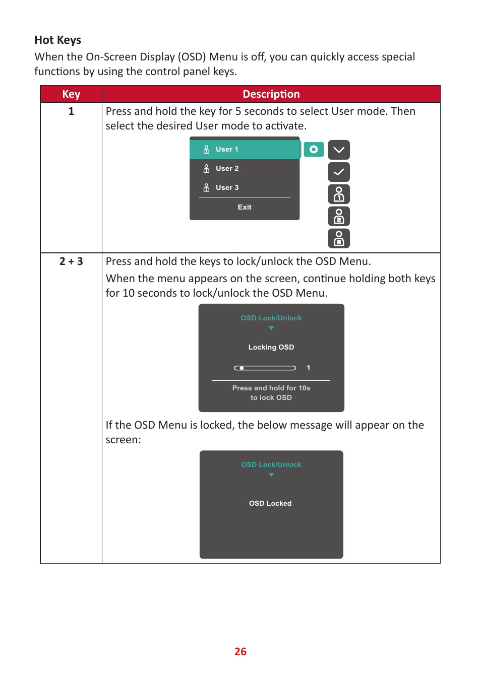 Hot keys | VIEWSONIC VP3881a 37.5" 21:9 4K Curved IPS Monitor User Manual | Page 26 / 91
