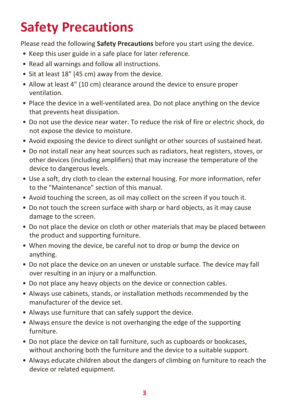 Safety precautions | VIEWSONIC VP3881a 37.5" 21:9 4K Curved IPS Monitor User Manual | Page 3 / 91