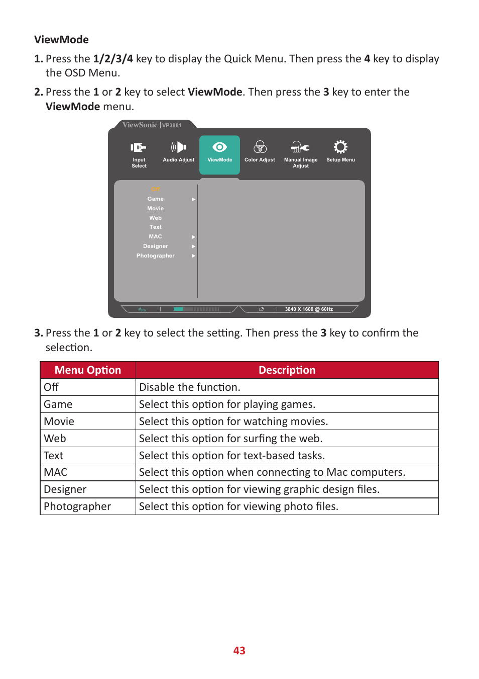 VIEWSONIC VP3881a 37.5" 21:9 4K Curved IPS Monitor User Manual | Page 43 / 91