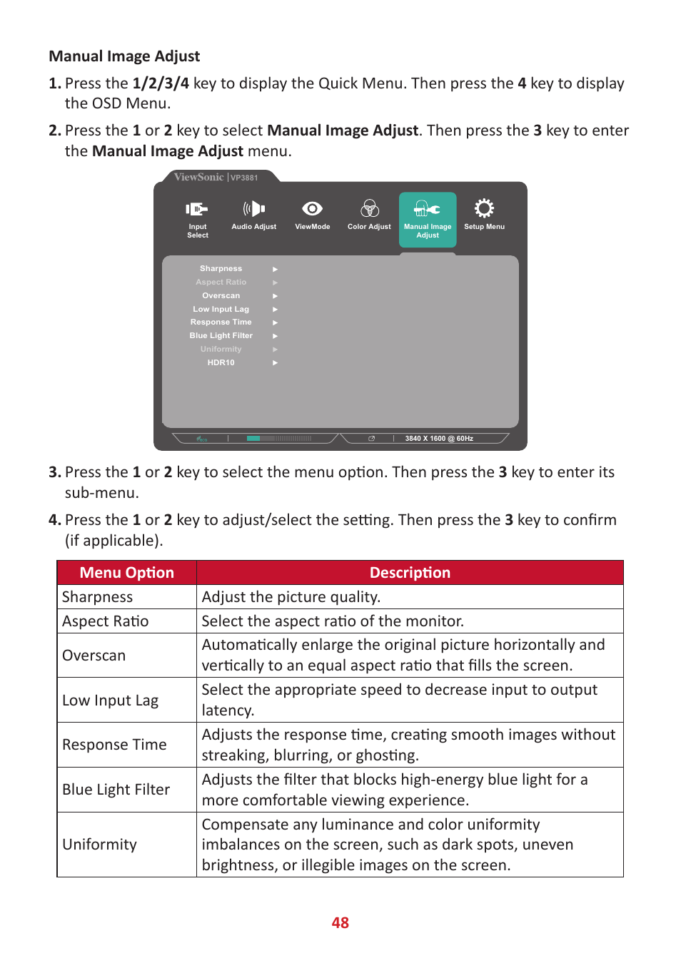 VIEWSONIC VP3881a 37.5" 21:9 4K Curved IPS Monitor User Manual | Page 48 / 91
