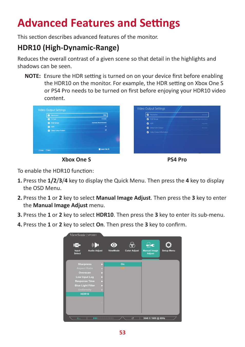 Advanced features and settings, Hdr10 (high-dynamic-range) | VIEWSONIC VP3881a 37.5" 21:9 4K Curved IPS Monitor User Manual | Page 53 / 91