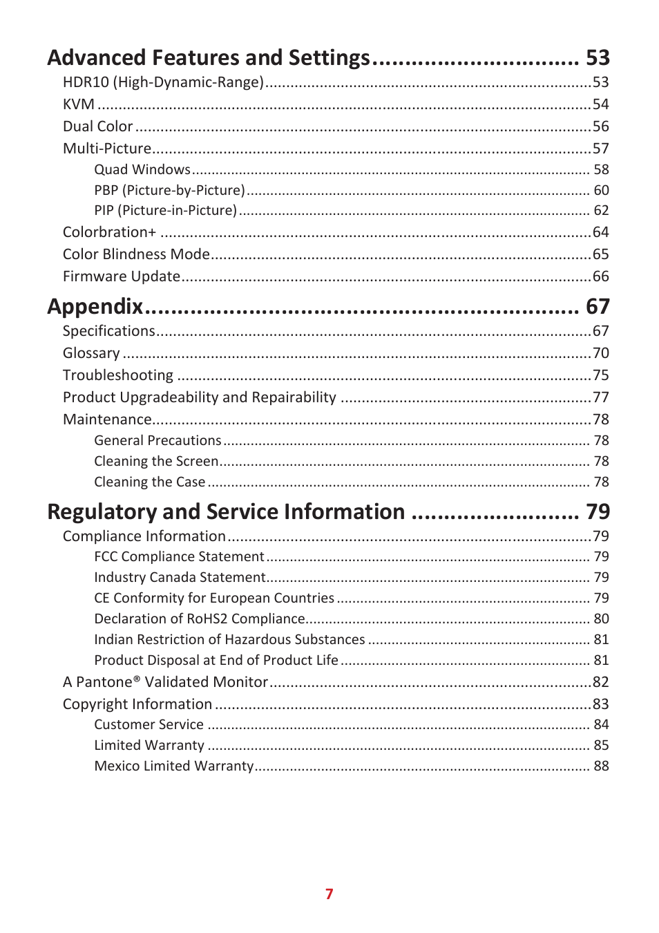 Advanced features and settings, Appendix, Regulatory and service information | VIEWSONIC VP3881a 37.5" 21:9 4K Curved IPS Monitor User Manual | Page 7 / 91