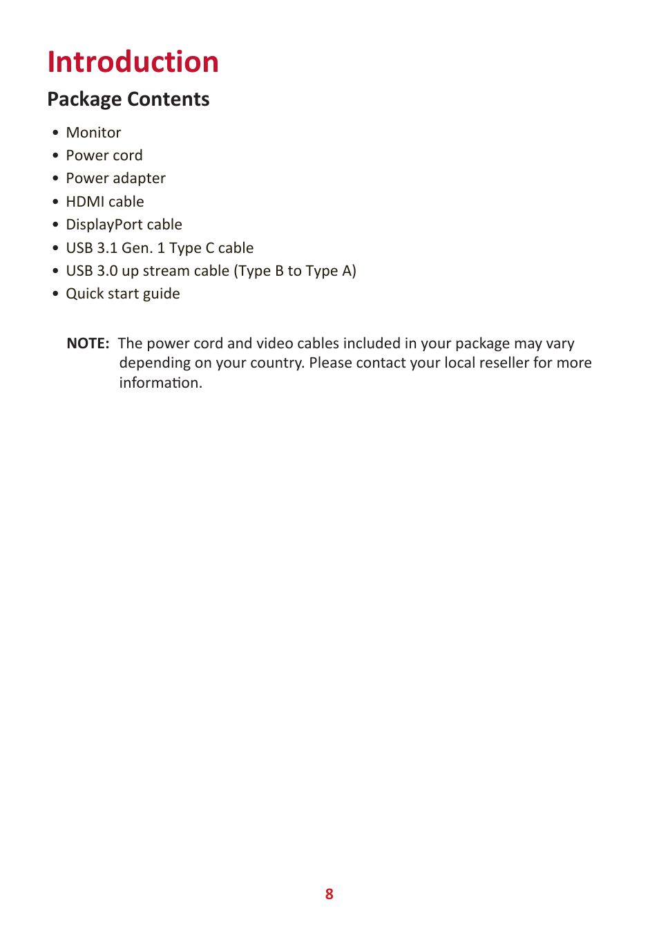Introduction, Package contents | VIEWSONIC VP3881a 37.5" 21:9 4K Curved IPS Monitor User Manual | Page 8 / 91