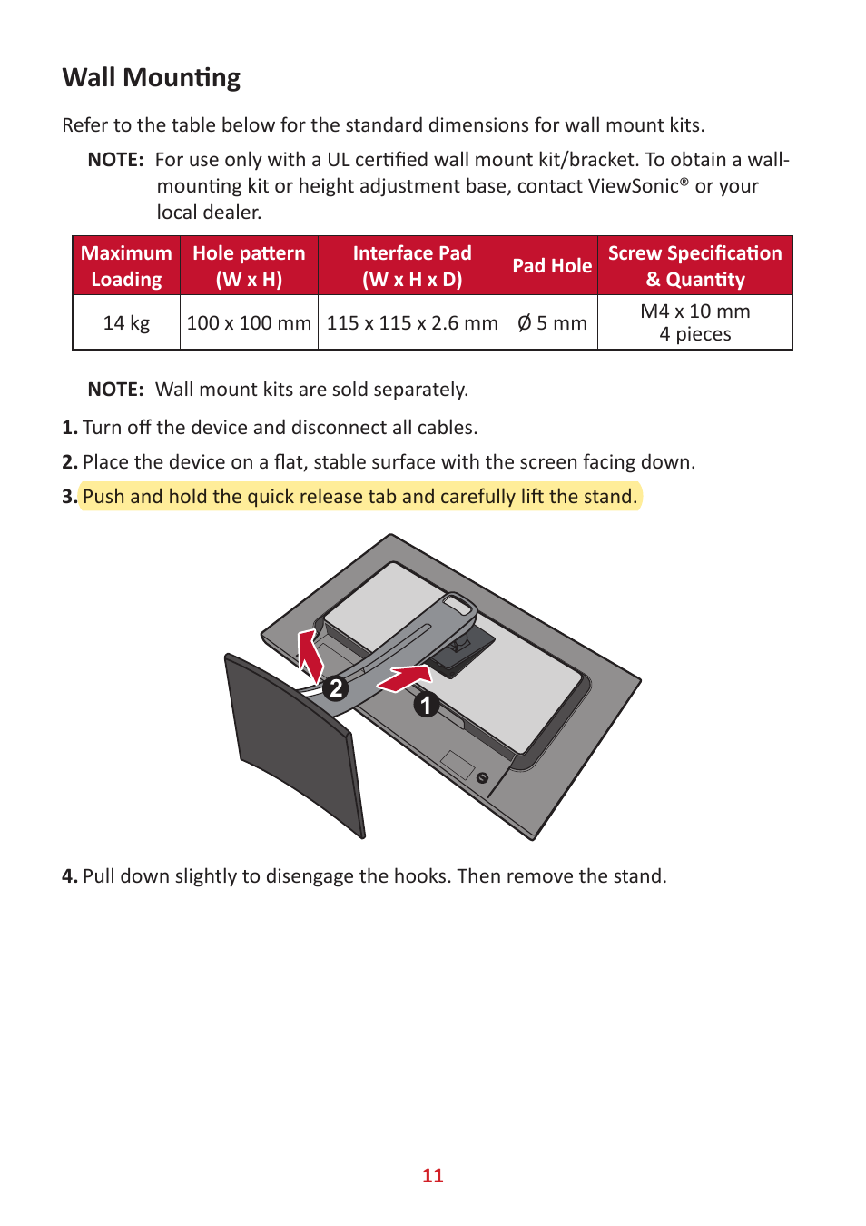 Wall mounting | VIEWSONIC VP2785-2K 27" 16:9 IPS Monitor User Manual | Page 11 / 81