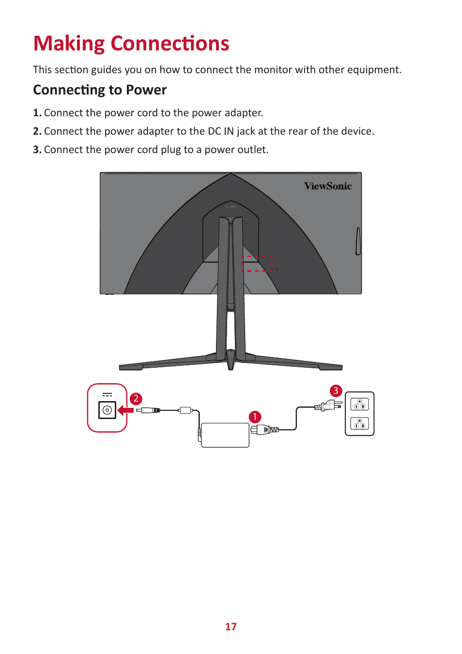 Making connections, Connecting to power | VIEWSONIC Elite XG340C-2K 34" 1440p HDR 180 Hz Curved Ultrawide Gaming Monitor User Manual | Page 17 / 90