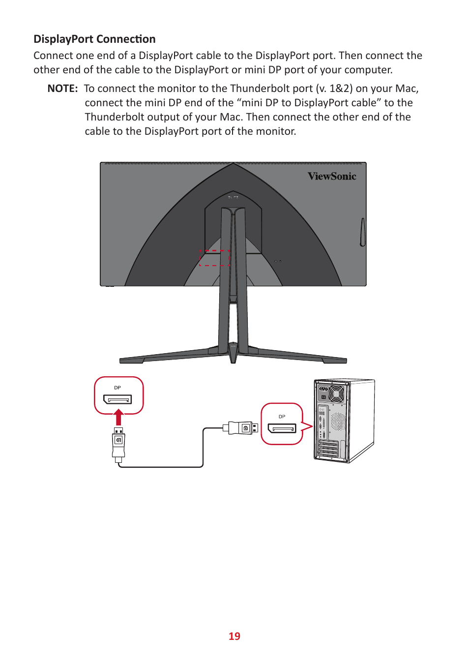 Displayport connection | VIEWSONIC Elite XG340C-2K 34" 1440p HDR 180 Hz Curved Ultrawide Gaming Monitor User Manual | Page 19 / 90