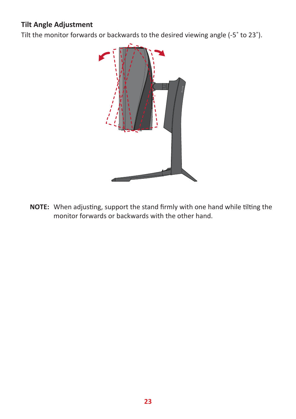 Tilt angle adjustment | VIEWSONIC Elite XG340C-2K 34" 1440p HDR 180 Hz Curved Ultrawide Gaming Monitor User Manual | Page 23 / 90
