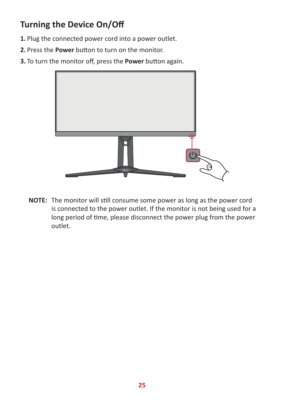Turning the device on/off | VIEWSONIC Elite XG340C-2K 34" 1440p HDR 180 Hz Curved Ultrawide Gaming Monitor User Manual | Page 25 / 90