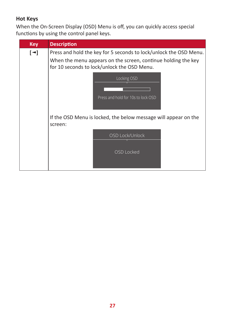 Hot keys | VIEWSONIC Elite XG340C-2K 34" 1440p HDR 180 Hz Curved Ultrawide Gaming Monitor User Manual | Page 27 / 90