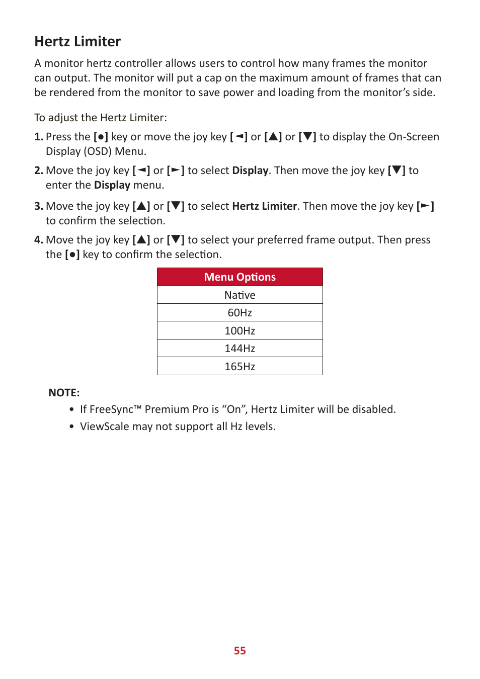 Hertz limiter | VIEWSONIC Elite XG340C-2K 34" 1440p HDR 180 Hz Curved Ultrawide Gaming Monitor User Manual | Page 55 / 90
