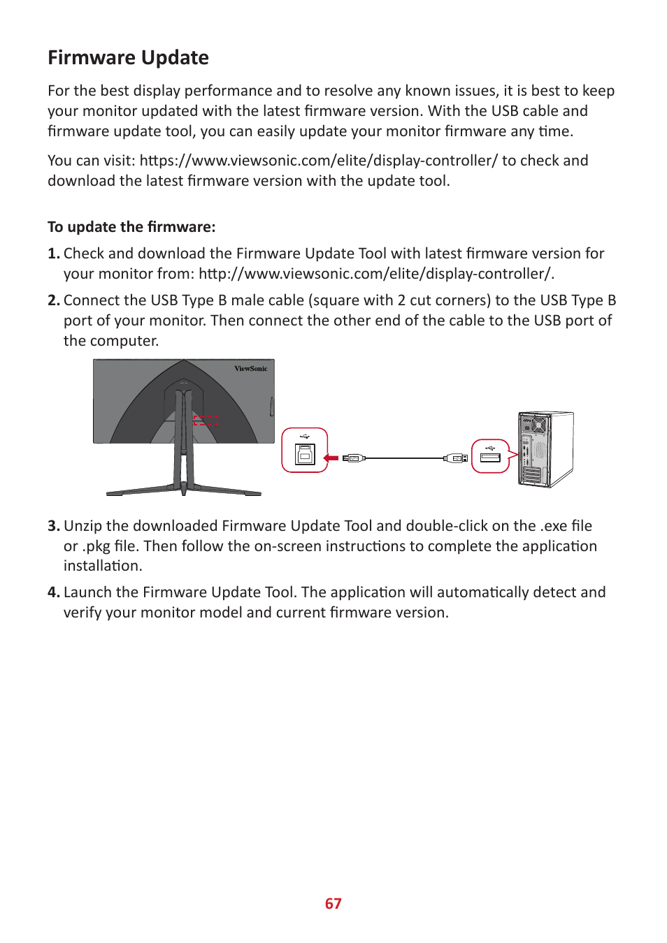 Firmware update | VIEWSONIC Elite XG340C-2K 34" 1440p HDR 180 Hz Curved Ultrawide Gaming Monitor User Manual | Page 67 / 90