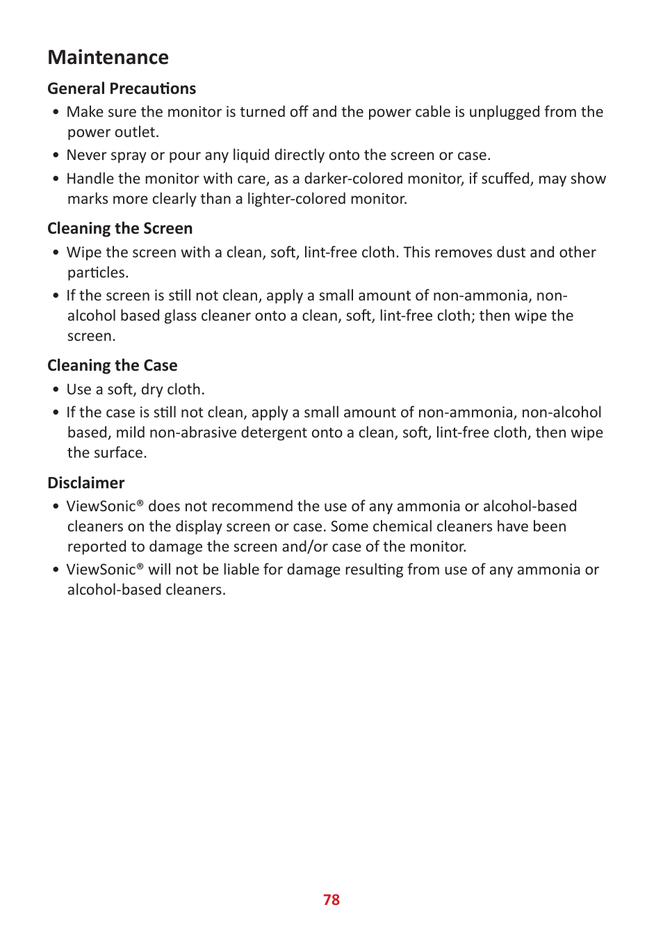 Maintenance, General precautions, Cleaning the screen | Cleaning the case | VIEWSONIC Elite XG340C-2K 34" 1440p HDR 180 Hz Curved Ultrawide Gaming Monitor User Manual | Page 78 / 90