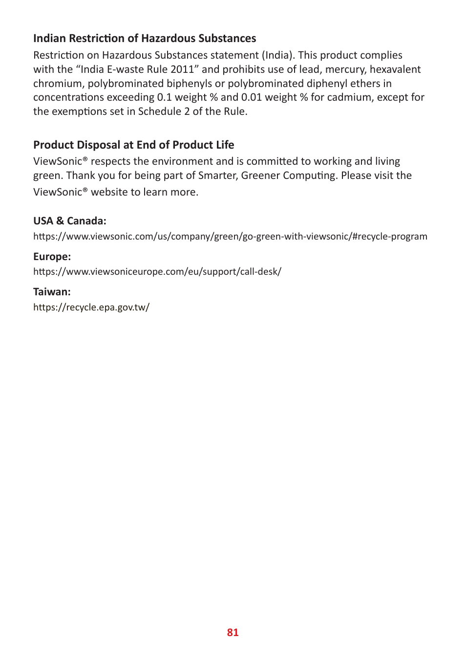 Indian restriction of hazardous substances, Product disposal at end of product life | VIEWSONIC Elite XG340C-2K 34" 1440p HDR 180 Hz Curved Ultrawide Gaming Monitor User Manual | Page 81 / 90