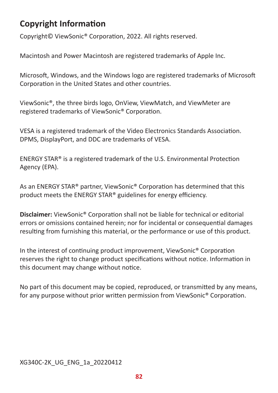 Copyright information | VIEWSONIC Elite XG340C-2K 34" 1440p HDR 180 Hz Curved Ultrawide Gaming Monitor User Manual | Page 82 / 90