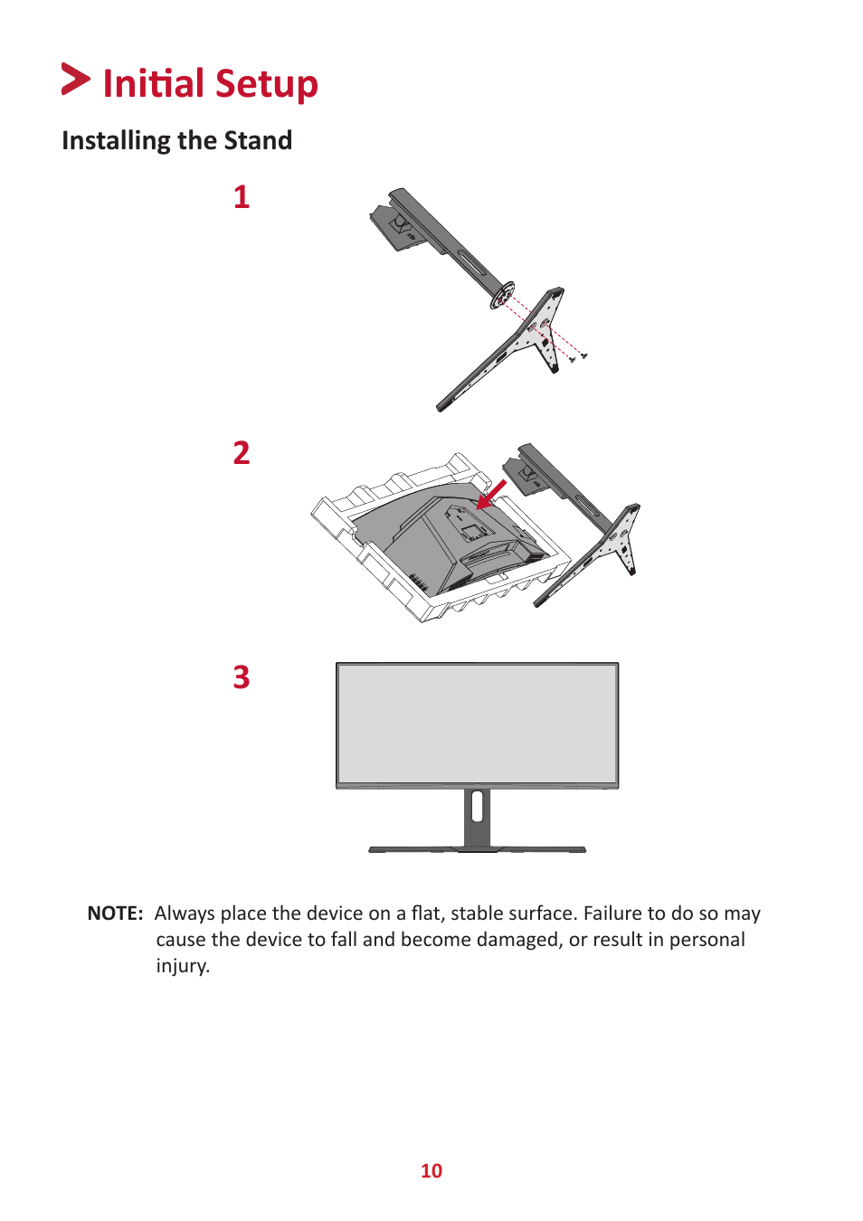 Initial setup, Installing the stand | VIEWSONIC VX3418-2KPC 34" 21:9 Curved VA Gaming Monitor User Manual | Page 10 / 47