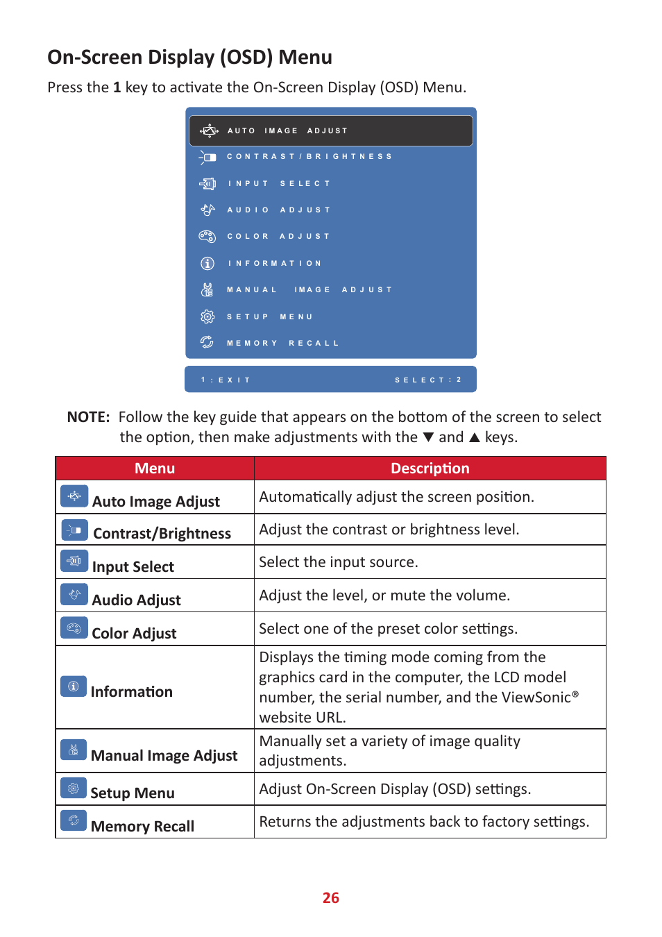 On-screen display (osd) menu | VIEWSONIC 24" Frameless Touchscreen Monitor User Manual | Page 26 / 57