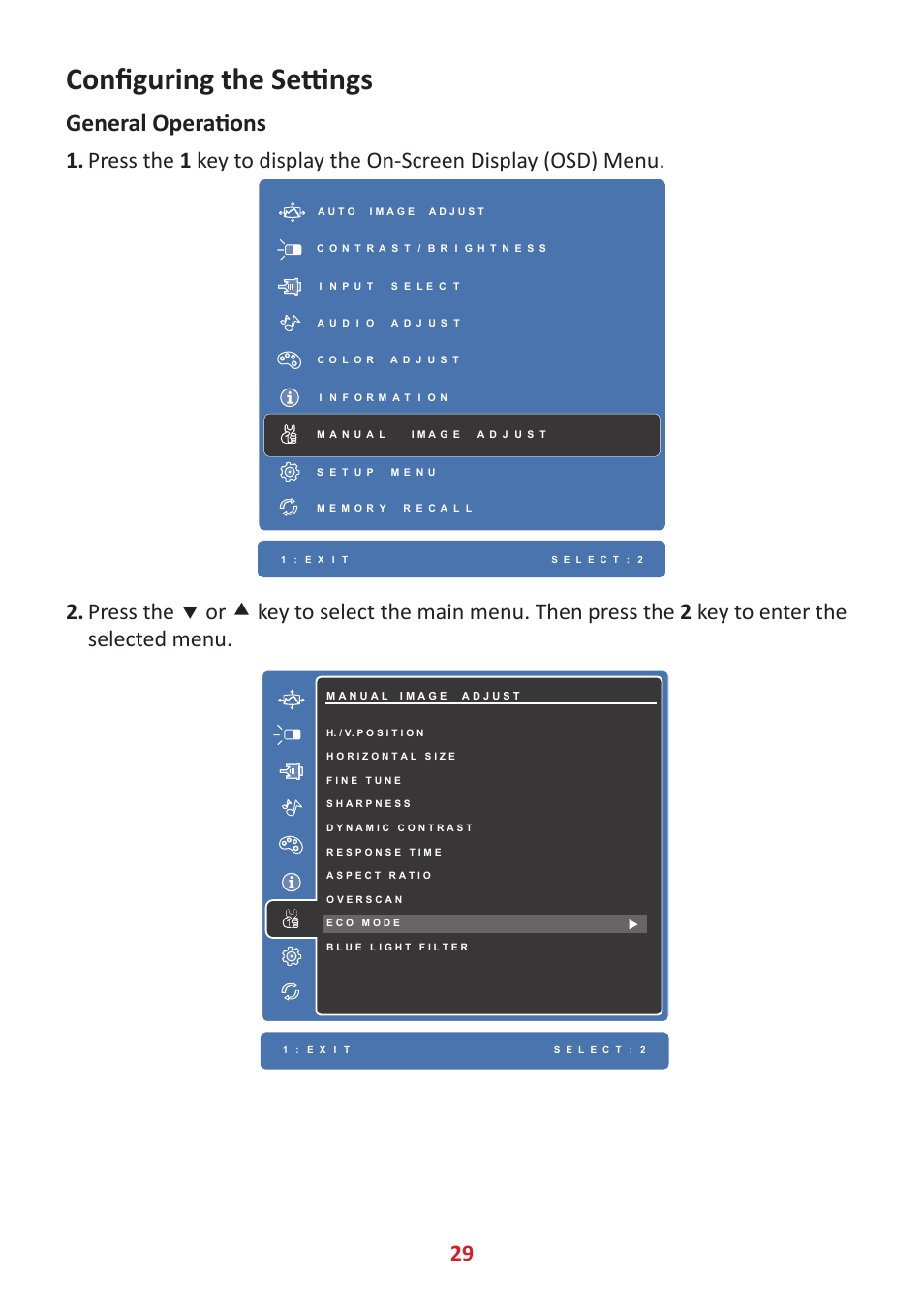 Configuring the settings, General operations | VIEWSONIC 24" Frameless Touchscreen Monitor User Manual | Page 29 / 57