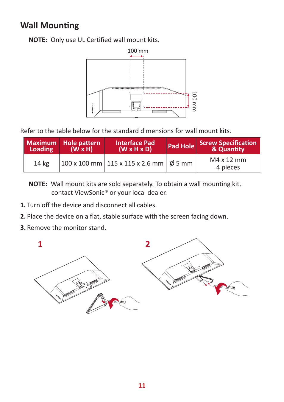 Wall mounting | VIEWSONIC VX3276-4K-mhd 31.5" 16:9 4K VA Monitor User Manual | Page 11 / 49