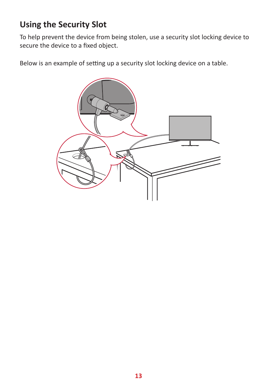 Using the security slot | VIEWSONIC VX3276-4K-mhd 31.5" 16:9 4K VA Monitor User Manual | Page 13 / 49