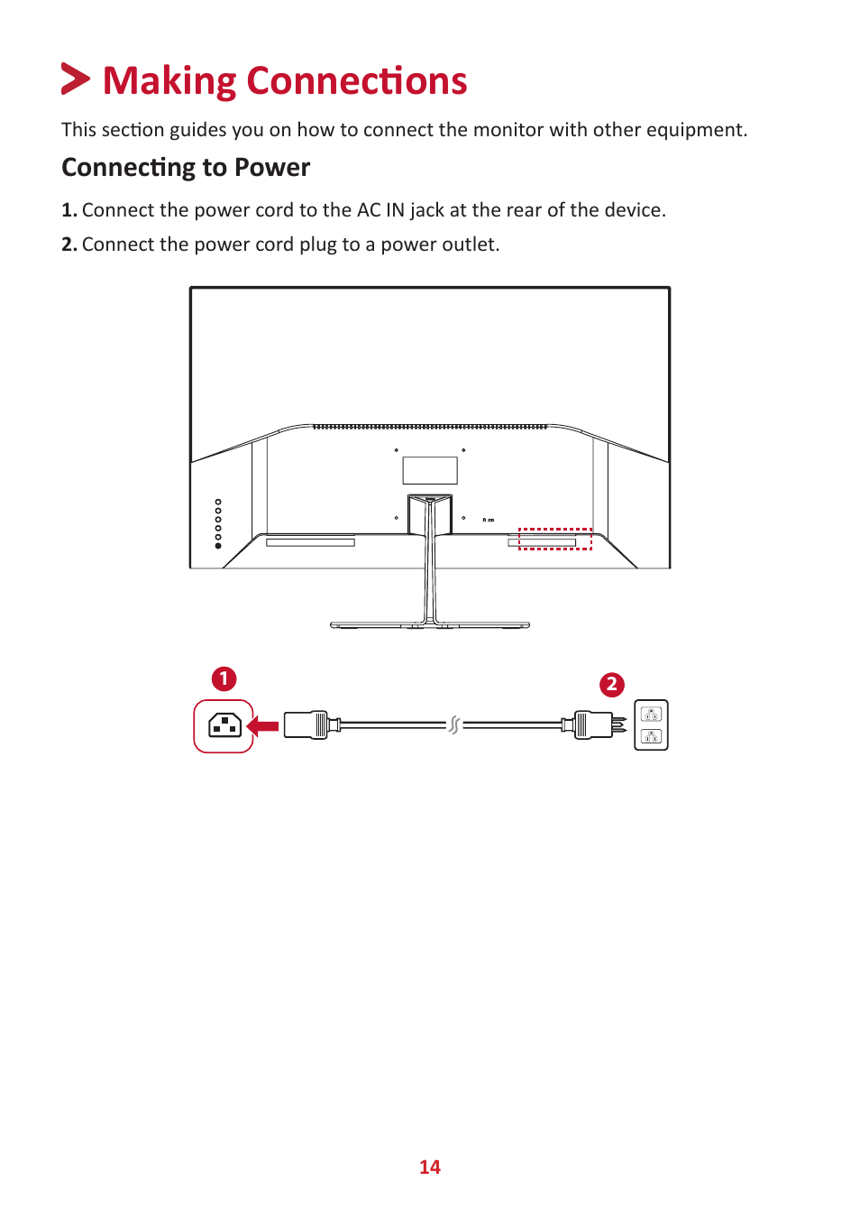 Making connections, Connecting to power | VIEWSONIC VX3276-4K-mhd 31.5" 16:9 4K VA Monitor User Manual | Page 14 / 49