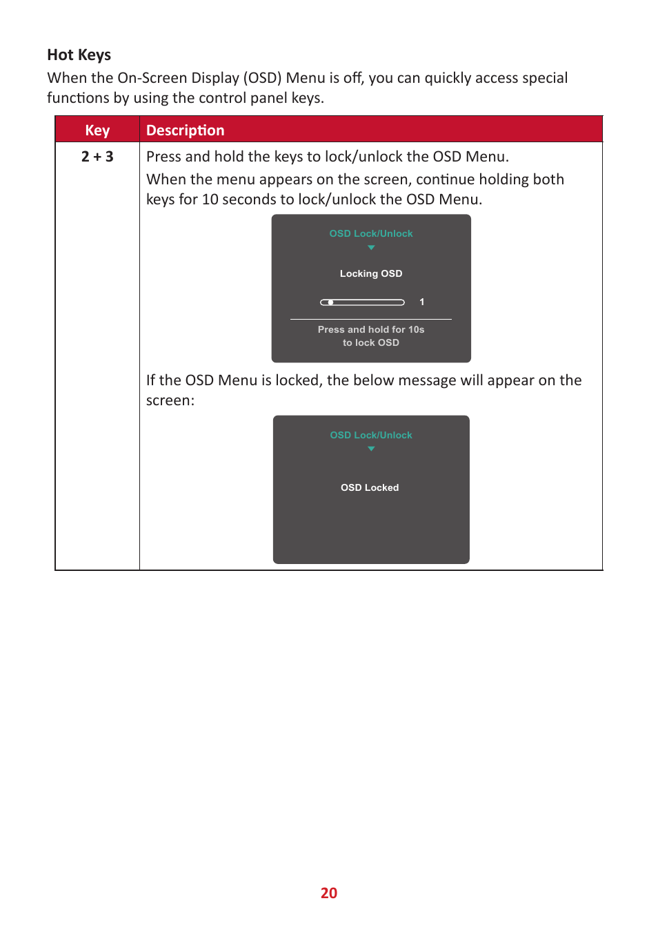 Hot keys | VIEWSONIC VX3276-4K-mhd 31.5" 16:9 4K VA Monitor User Manual | Page 20 / 49