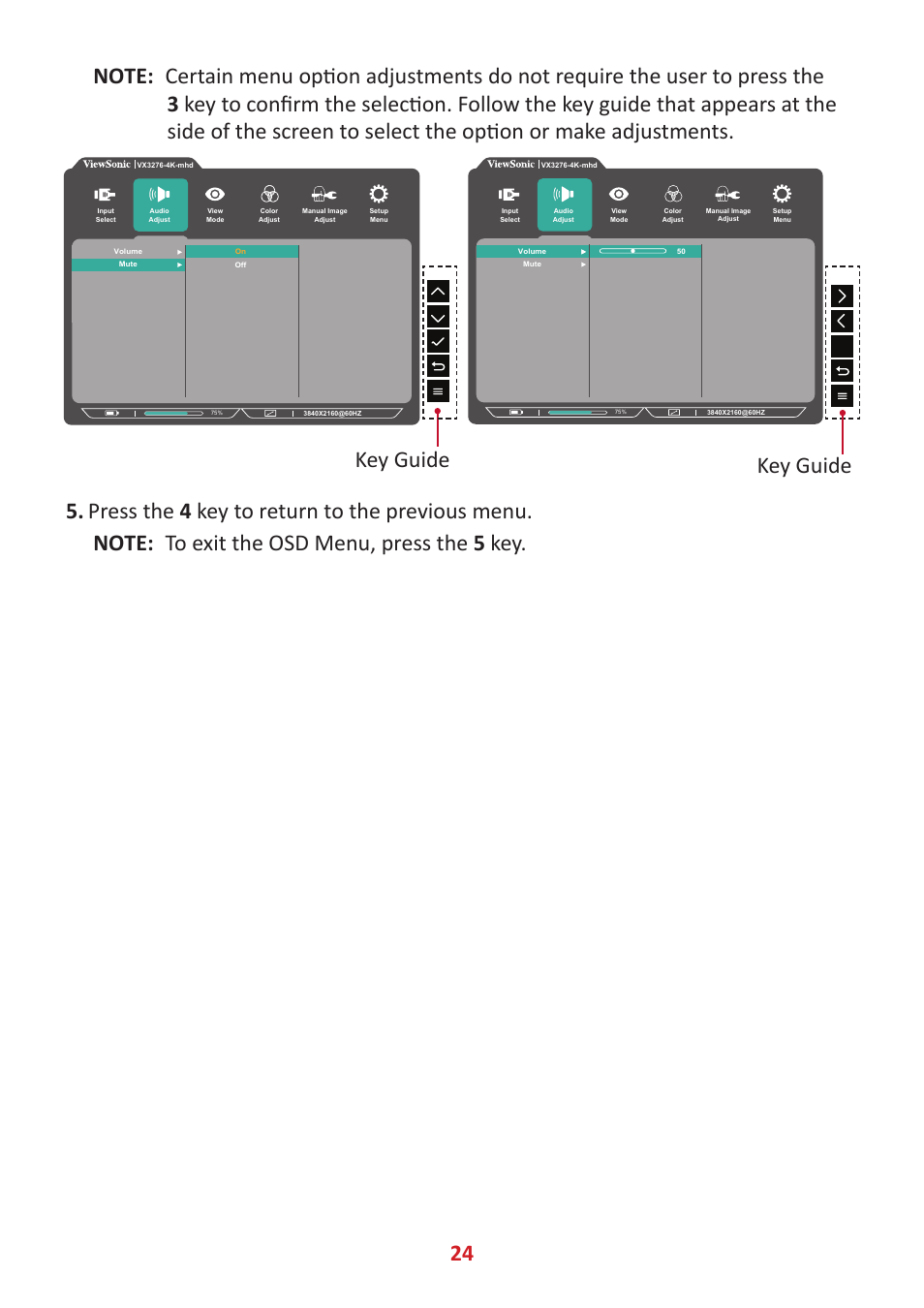 Key guide | VIEWSONIC VX3276-4K-mhd 31.5" 16:9 4K VA Monitor User Manual | Page 24 / 49