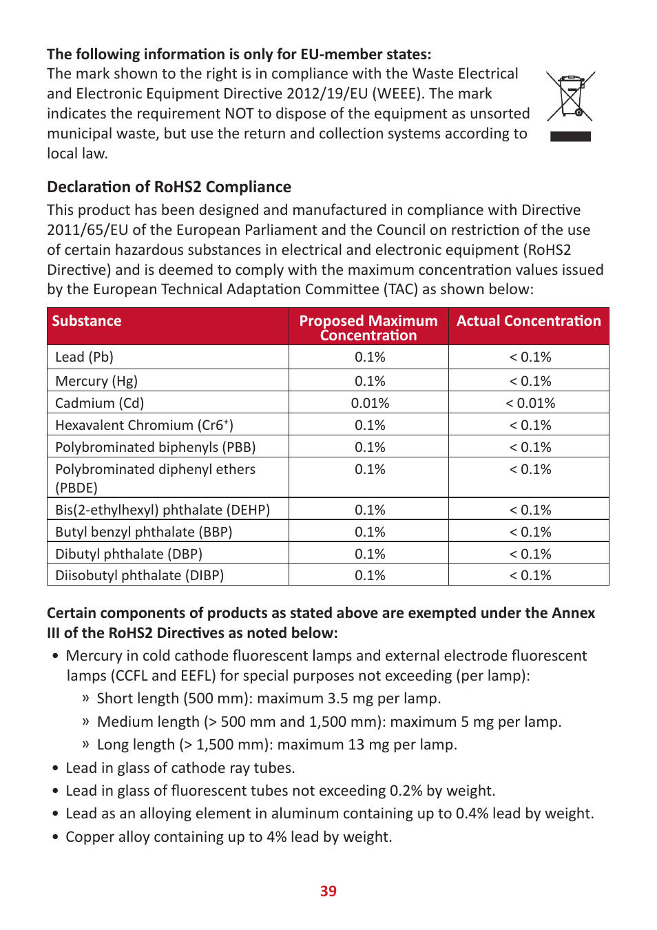 Declaration of rohs2 compliance | VIEWSONIC VX3276-4K-mhd 31.5" 16:9 4K VA Monitor User Manual | Page 39 / 49