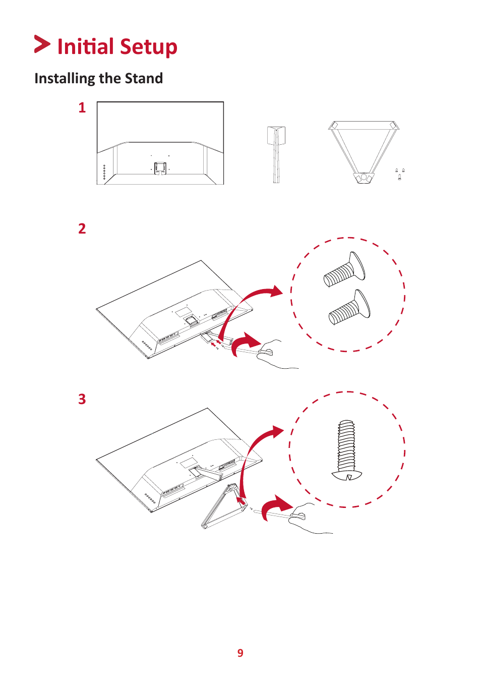Initial setup, Installing the stand | VIEWSONIC VX3276-4K-mhd 31.5" 16:9 4K VA Monitor User Manual | Page 9 / 49