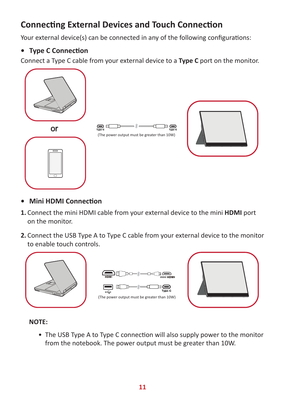 Connecting external devices and touch connection | VIEWSONIC TD1655 15.6" 16:9 Portable Multi-Touch IPS Monitor User Manual | Page 11 / 47