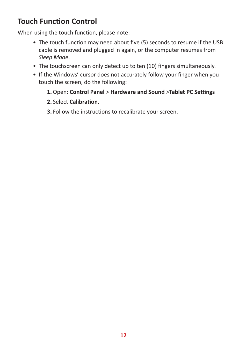 Touch function control | VIEWSONIC TD1655 15.6" 16:9 Portable Multi-Touch IPS Monitor User Manual | Page 12 / 47