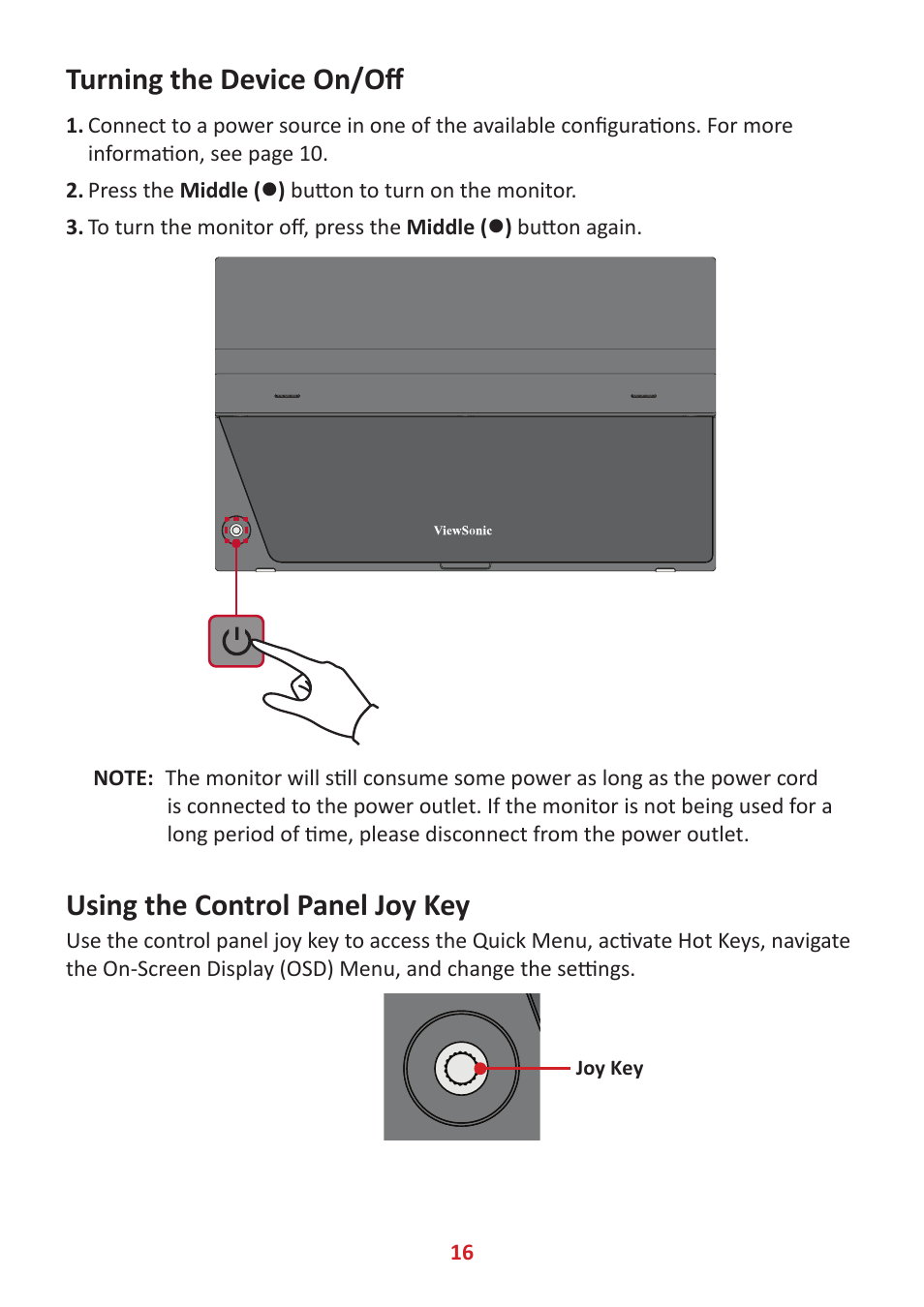 Turning the device on/off, Using the control panel joy key | VIEWSONIC TD1655 15.6" 16:9 Portable Multi-Touch IPS Monitor User Manual | Page 16 / 47