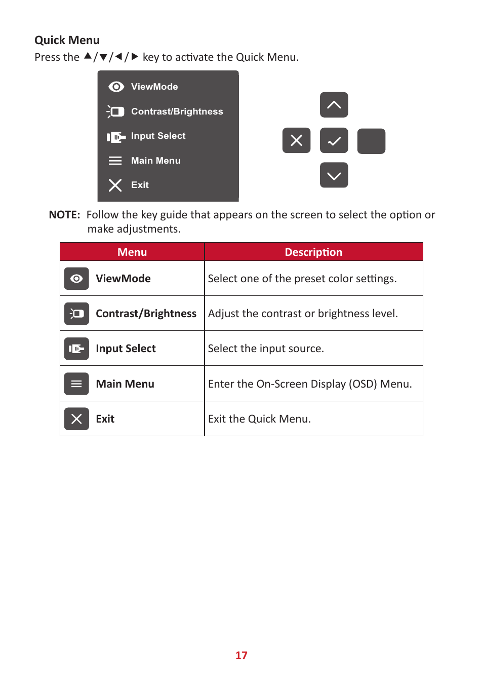 Quick menu | VIEWSONIC TD1655 15.6" 16:9 Portable Multi-Touch IPS Monitor User Manual | Page 17 / 47