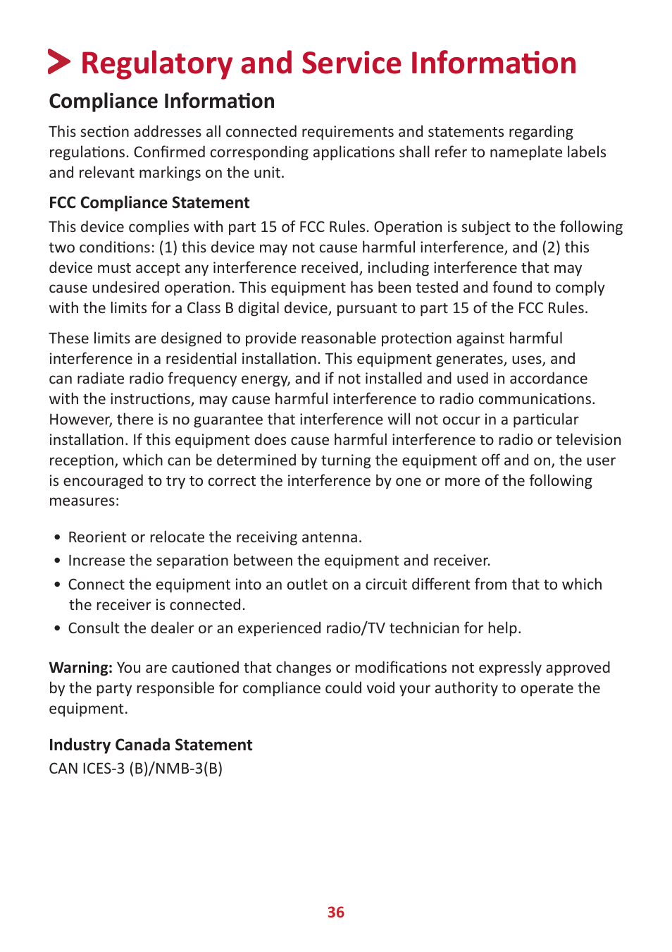 Regulatory and service information, Compliance information, Fcc compliance statement | Industry canada statement | VIEWSONIC TD1655 15.6" 16:9 Portable Multi-Touch IPS Monitor User Manual | Page 36 / 47