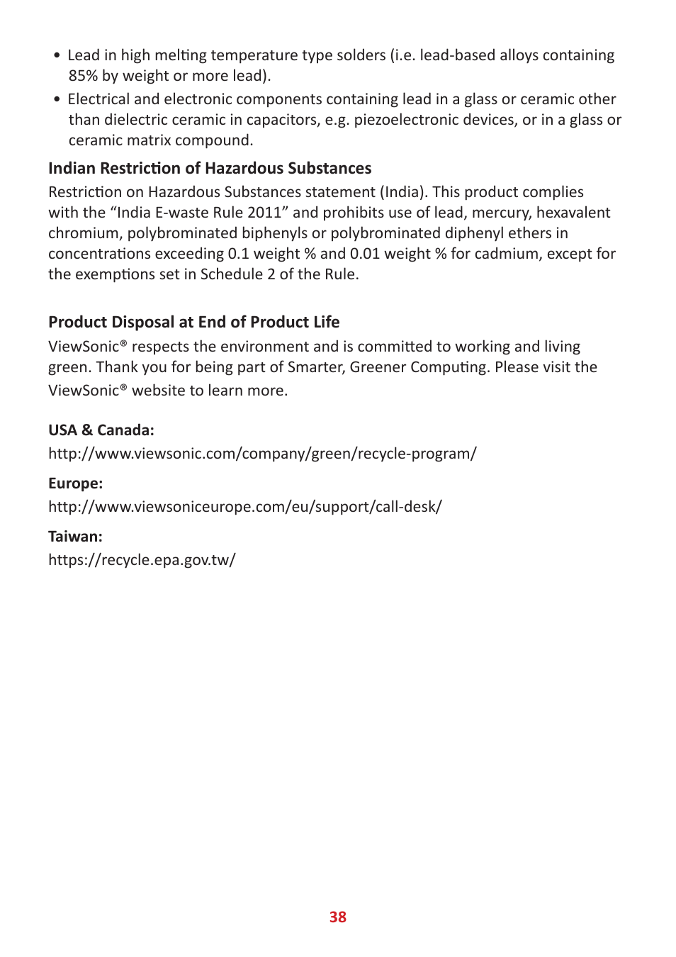 Indian restriction of hazardous substances, Product disposal at end of product life | VIEWSONIC TD1655 15.6" 16:9 Portable Multi-Touch IPS Monitor User Manual | Page 38 / 47