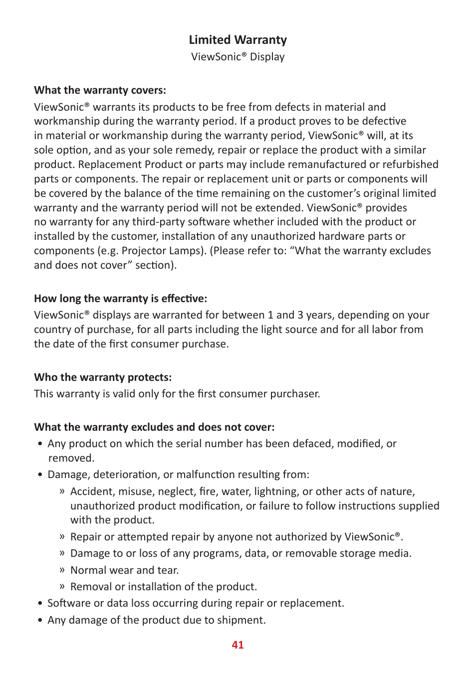 Limited warranty | VIEWSONIC TD1655 15.6" 16:9 Portable Multi-Touch IPS Monitor User Manual | Page 41 / 47