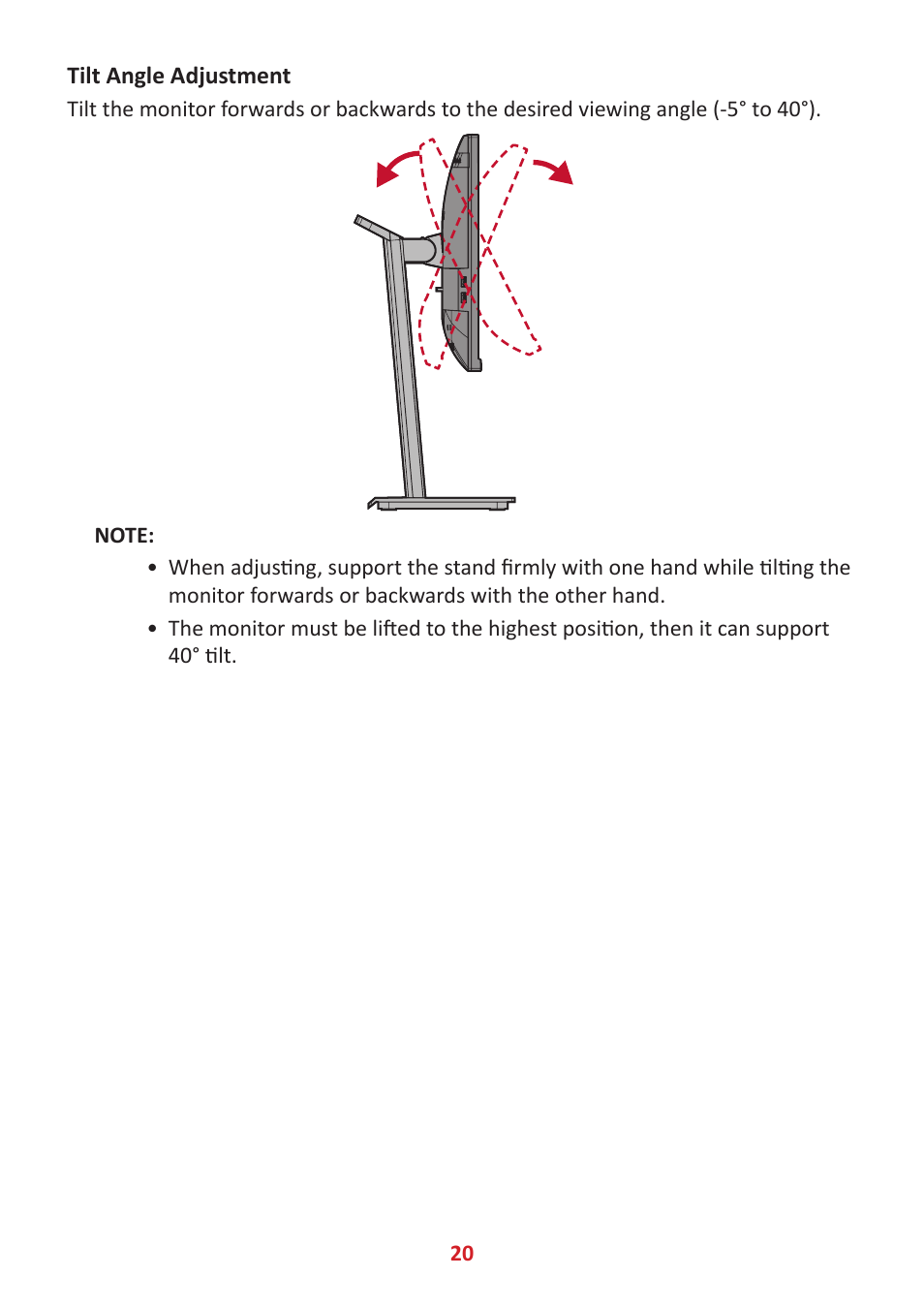 Tilt angle adjustment | VIEWSONIC VG3448 34" 21:9 VA Monitor User Manual | Page 20 / 66