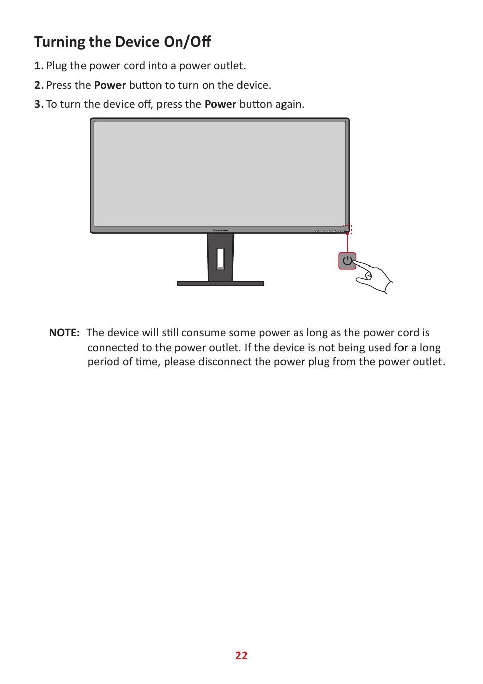 Turning the device on/off, Ourning the device nn/nff | VIEWSONIC VG3448 34" 21:9 VA Monitor User Manual | Page 22 / 66