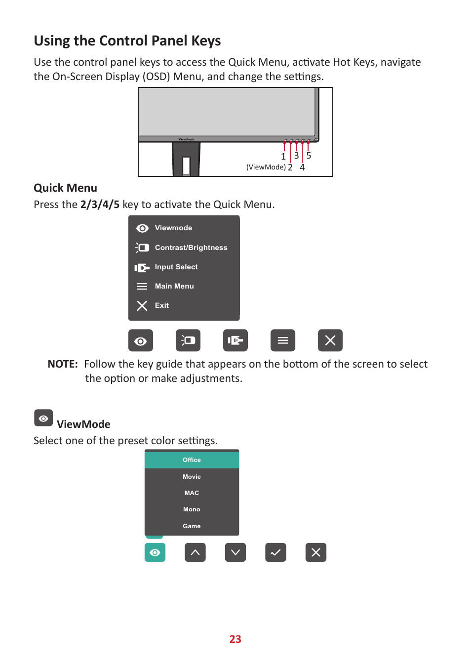 Using the control panel keys, Quick menu, Press the 2/3/4/5 key to activate the quick menu | Viewmode select one of the preset color settings | VIEWSONIC VG3448 34" 21:9 VA Monitor User Manual | Page 23 / 66