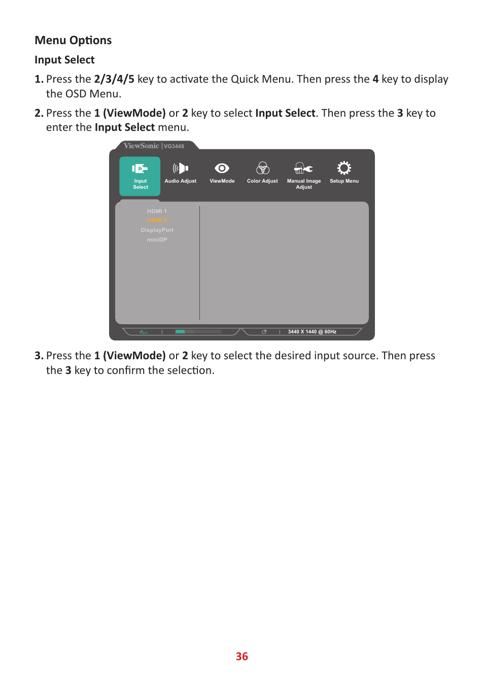 Menu options, Menu nptions | VIEWSONIC VG3448 34" 21:9 VA Monitor User Manual | Page 36 / 66