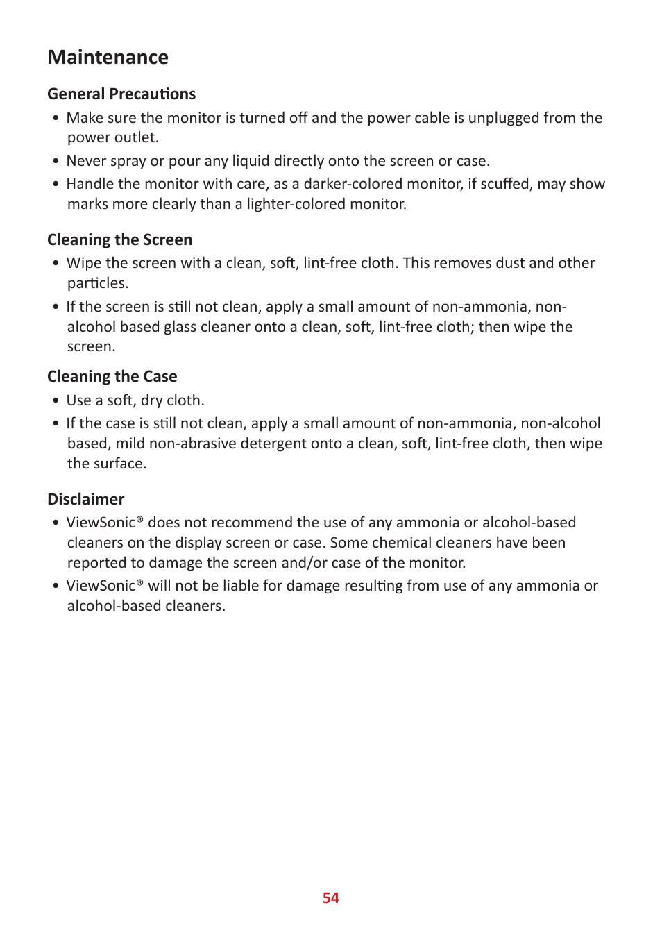 Maintenance, General precautions, Cleaning the screen | Cleaning the case | VIEWSONIC VG3448 34" 21:9 VA Monitor User Manual | Page 54 / 66