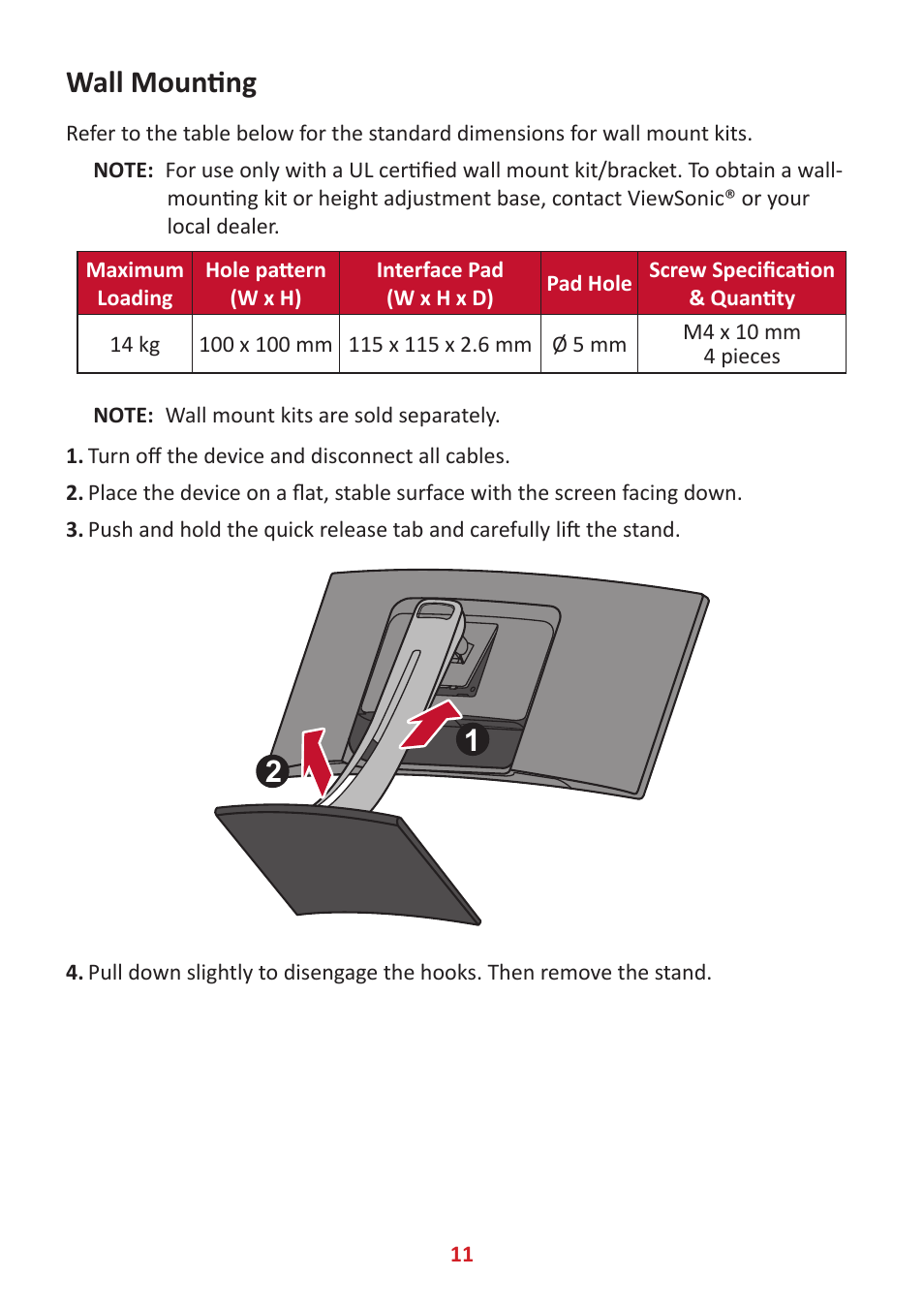 Wall mounting | VIEWSONIC VP3481a 34" 21:9 Curved FreeSync 100 Hz USB Type-C Docking LCD Monitor User Manual | Page 11 / 90
