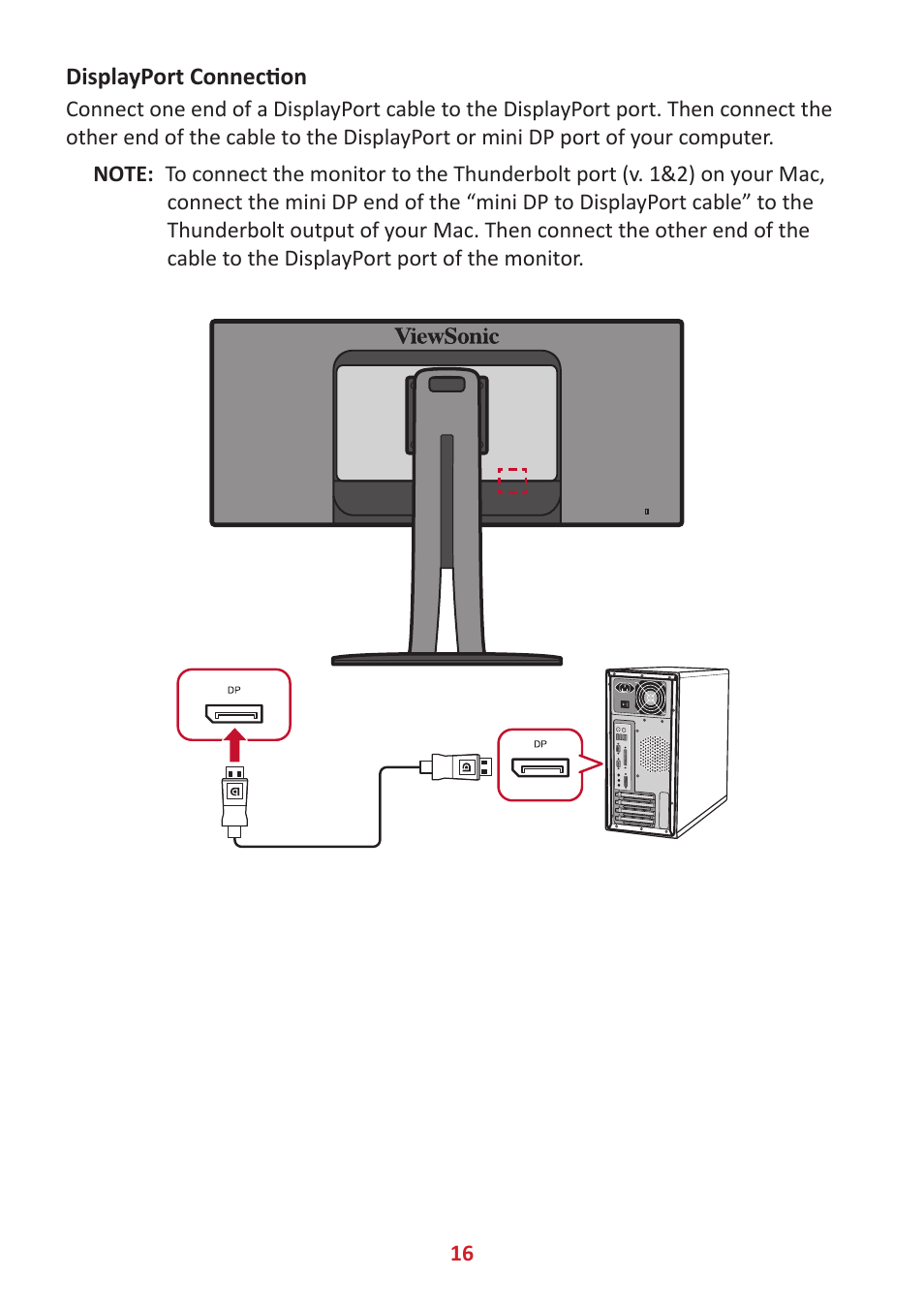 Displayport connection | VIEWSONIC VP3481a 34" 21:9 Curved FreeSync 100 Hz USB Type-C Docking LCD Monitor User Manual | Page 16 / 90