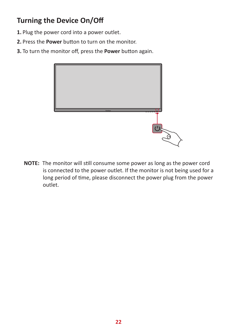 Turning the device on/off | VIEWSONIC VP3481a 34" 21:9 Curved FreeSync 100 Hz USB Type-C Docking LCD Monitor User Manual | Page 22 / 90