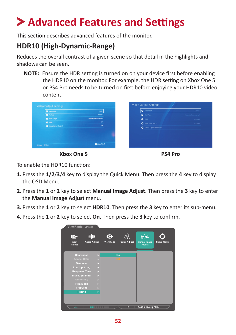 Advanced features and settings, Hdr10 (high-dynamic-range) | VIEWSONIC VP3481a 34" 21:9 Curved FreeSync 100 Hz USB Type-C Docking LCD Monitor User Manual | Page 52 / 90