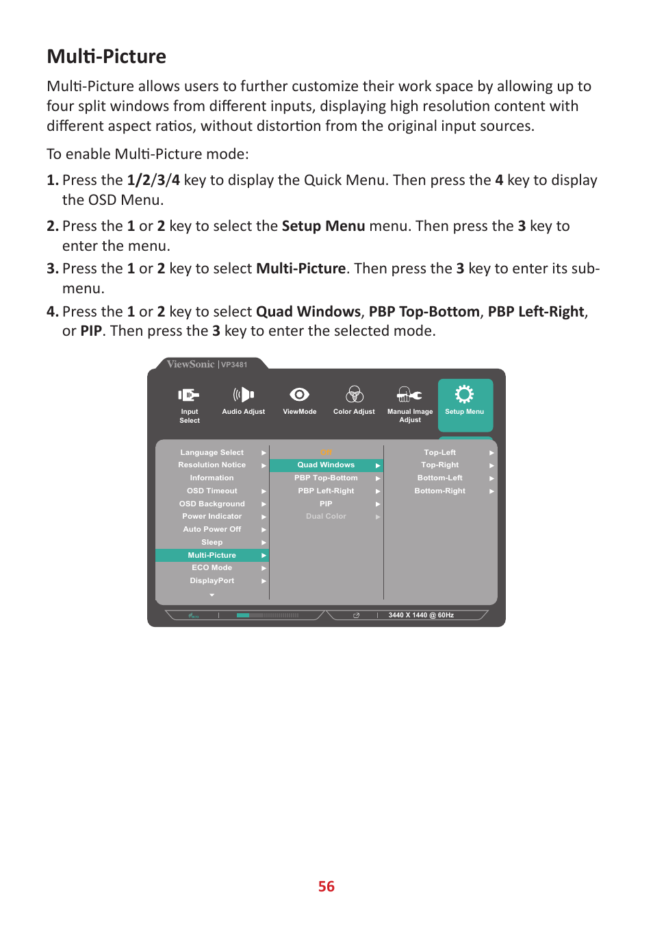 Multi-picture | VIEWSONIC VP3481a 34" 21:9 Curved FreeSync 100 Hz USB Type-C Docking LCD Monitor User Manual | Page 56 / 90