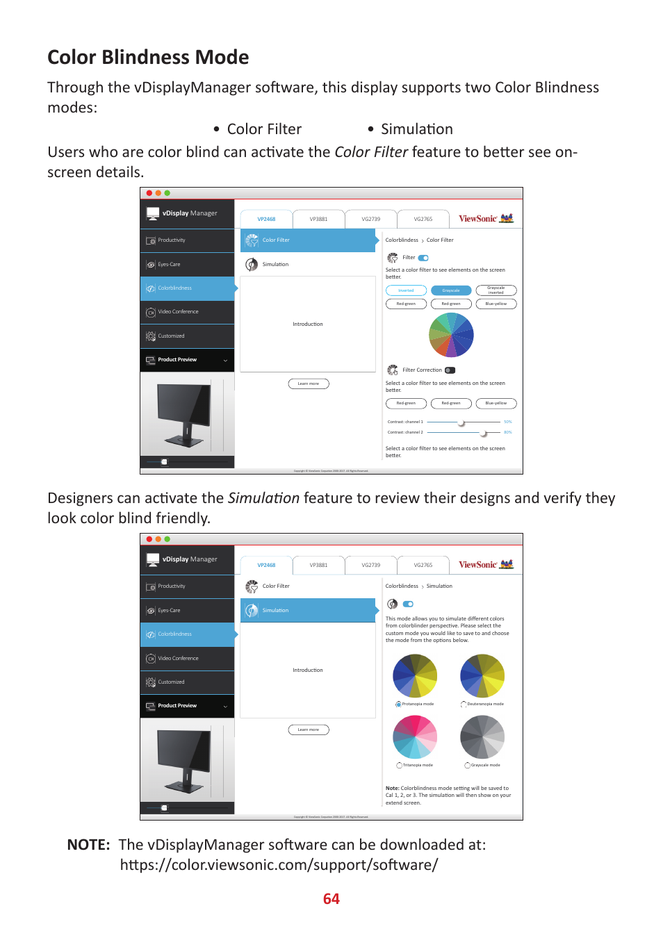 Color blindness mode | VIEWSONIC VP3481a 34" 21:9 Curved FreeSync 100 Hz USB Type-C Docking LCD Monitor User Manual | Page 64 / 90
