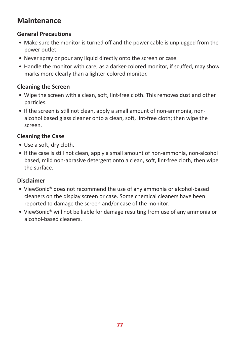 Maintenance, General precautions, Cleaning the screen | Cleaning the case | VIEWSONIC VP3481a 34" 21:9 Curved FreeSync 100 Hz USB Type-C Docking LCD Monitor User Manual | Page 77 / 90