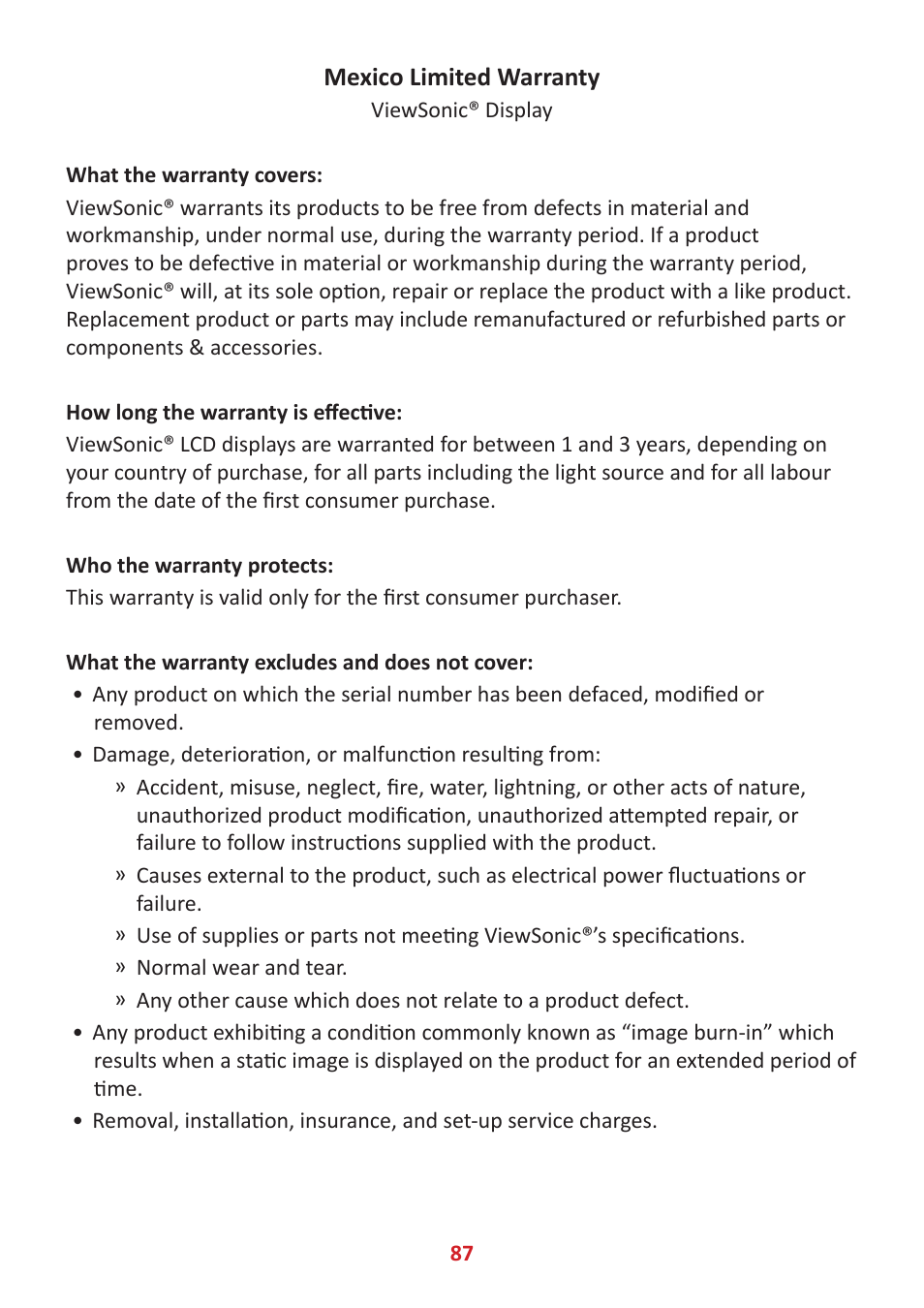 Mexico limited warranty | VIEWSONIC VP3481a 34" 21:9 Curved FreeSync 100 Hz USB Type-C Docking LCD Monitor User Manual | Page 87 / 90
