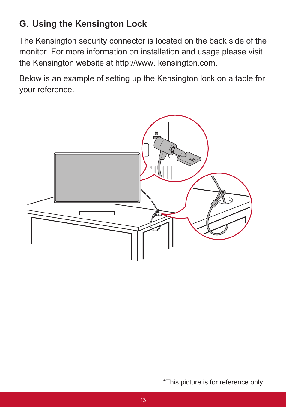 G. using the kensington lock | VIEWSONIC XG2560 25" 16:9 LCD Gaming Monitor User Manual | Page 17 / 65